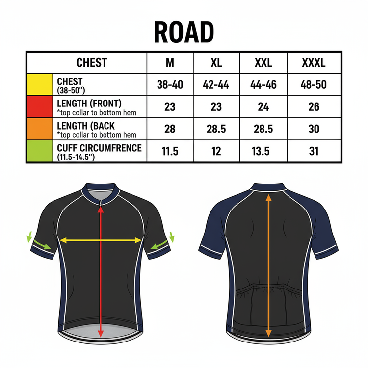 Cycling jersey size chart with measurements for chest, length, and cuff circumference.