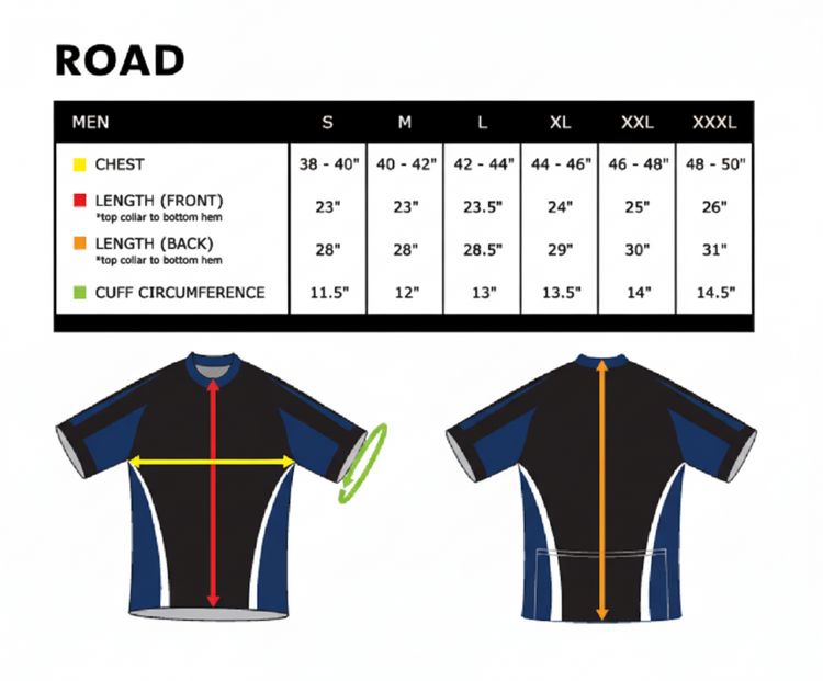 Cycling jersey with measurement chart for sizing on a white background