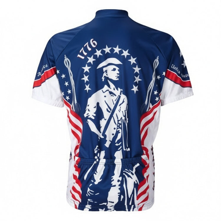 Cycling jersey with American flag and soldier design on a blue background