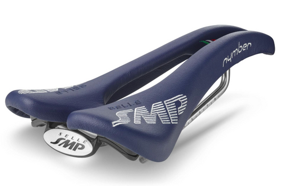 Blue bicycle saddle with Selle SMP branding on a white background