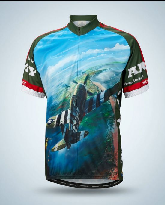 Cycling jersey with airplane design on a light gray background