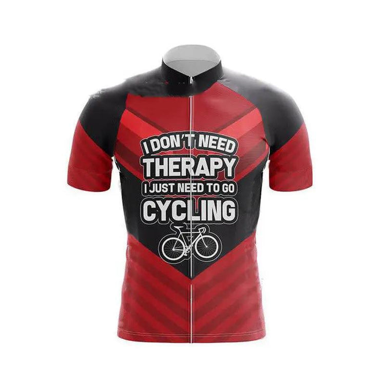 Red and black cycling jersey with text on a white background