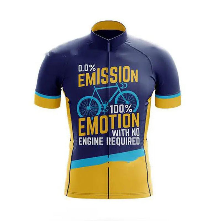 Cycling jersey with text and bicycle graphic on a white background