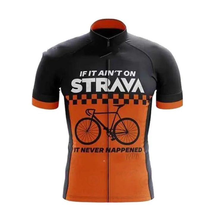 Cycling jersey with Strava text and bicycle graphic on a white background