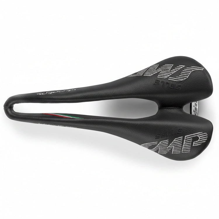 Black bicycle saddle with brand logo on a white background