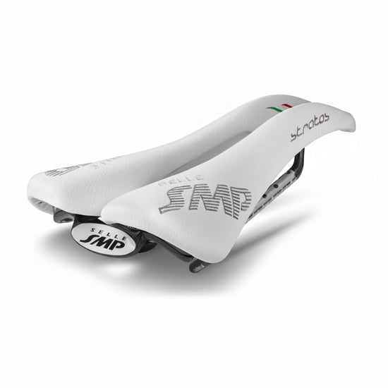 White bicycle saddle with branding on a white background