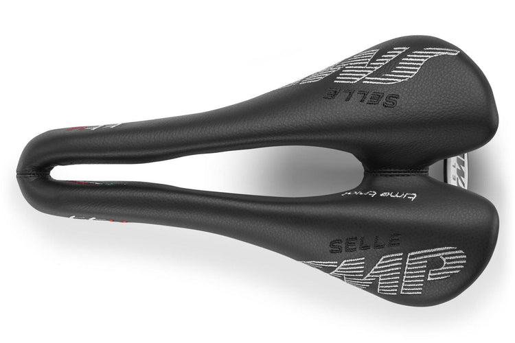 Black bicycle saddle with Selle SMP branding on a white background