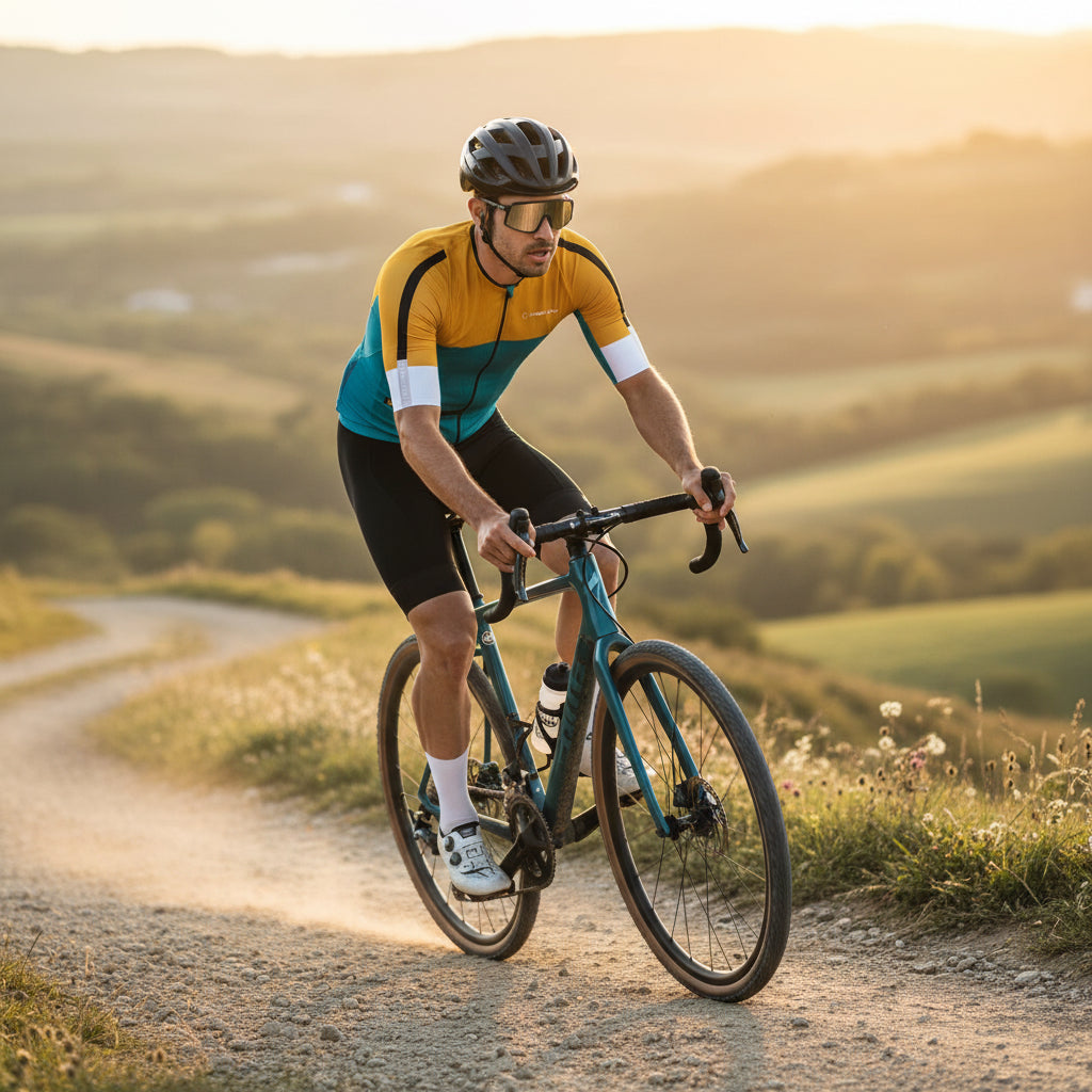 Cycling jersey with yellow and teal design on a white background