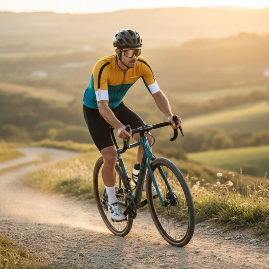 Cycling jersey with yellow and teal design on a white background