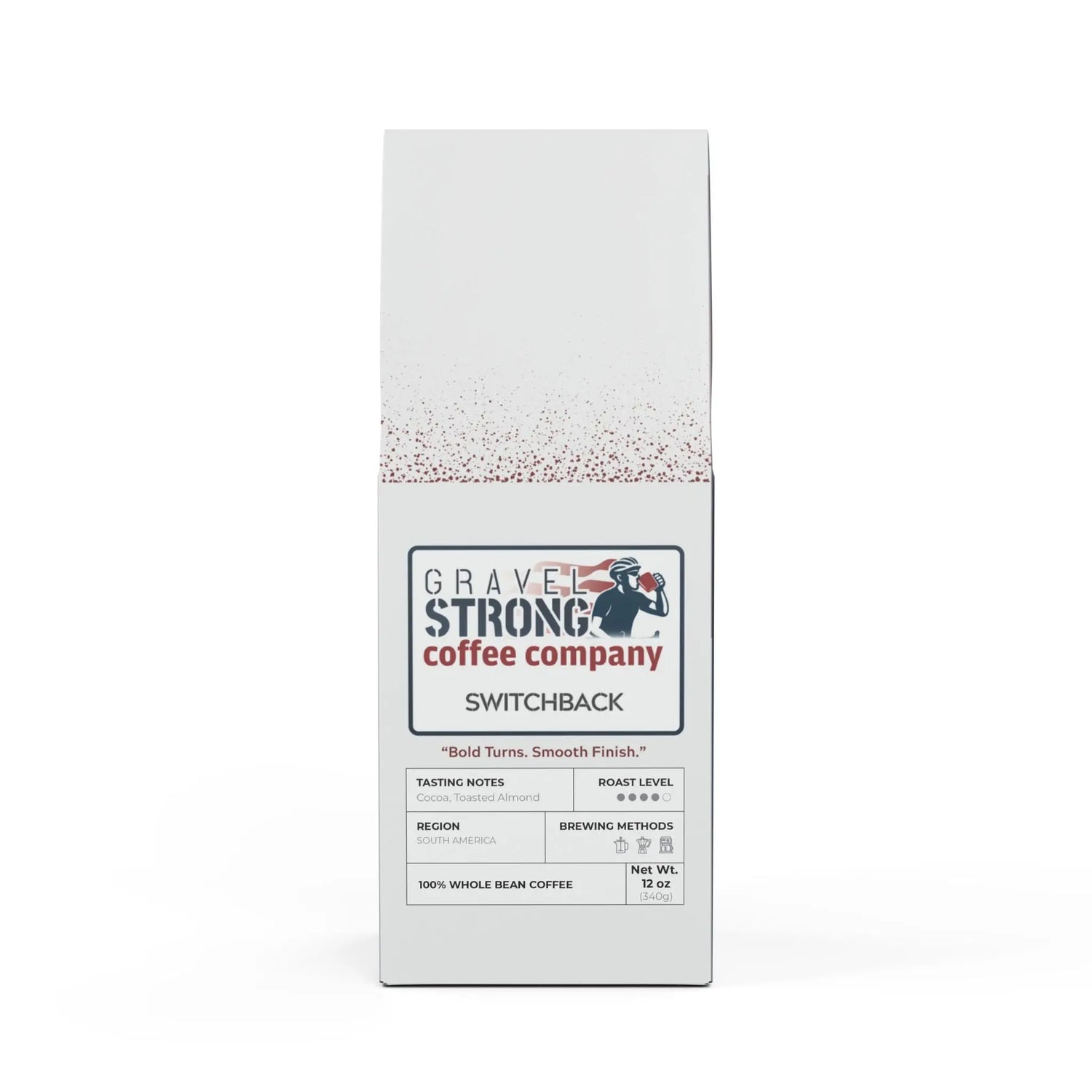 Rich and robust, Gravel Strong Switchback Medium-Dark Roast delivers bold cocoa and toasted nut flavors. Small-batch roasted in the USA for consistency and freshness.