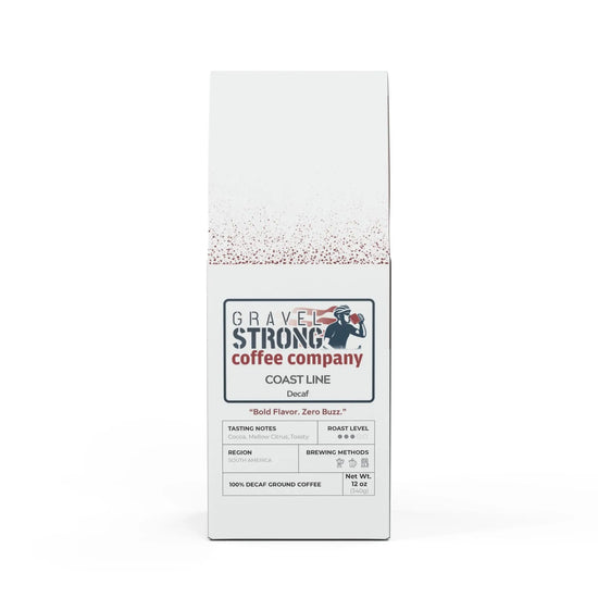 Enjoy bold flavor without the caffeine. Gravel Strong Coast Line Decaf delivers smooth notes of cocoa, citrus & toast. Swiss Water processed, roasted in the USA.