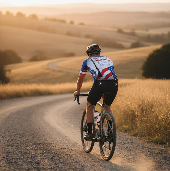 Cycling jersey with American flag design and text on a white background