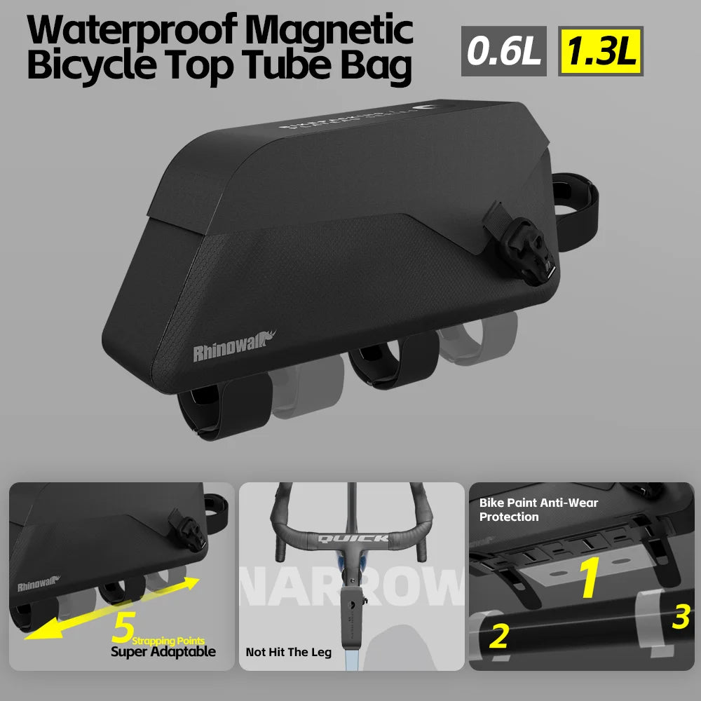 Black bicycle top tube bag with features highlighted on a gray background