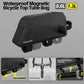 Black bicycle top tube bag with features highlighted on a gray background