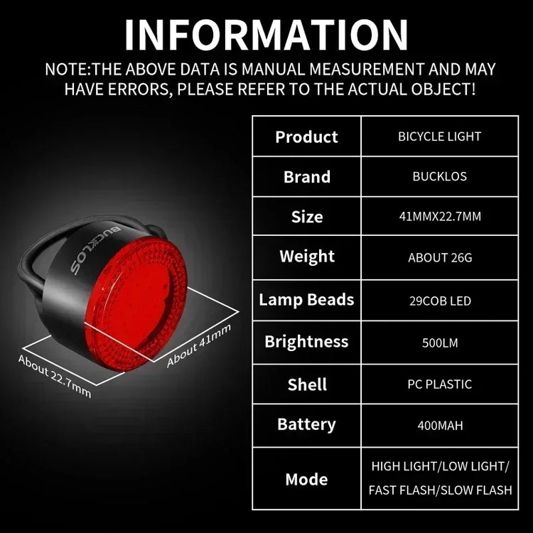 Bicycle light with specifications on a black background