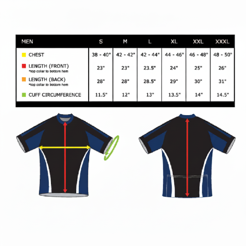 Cycling jersey with measurement chart for sizing on a white background