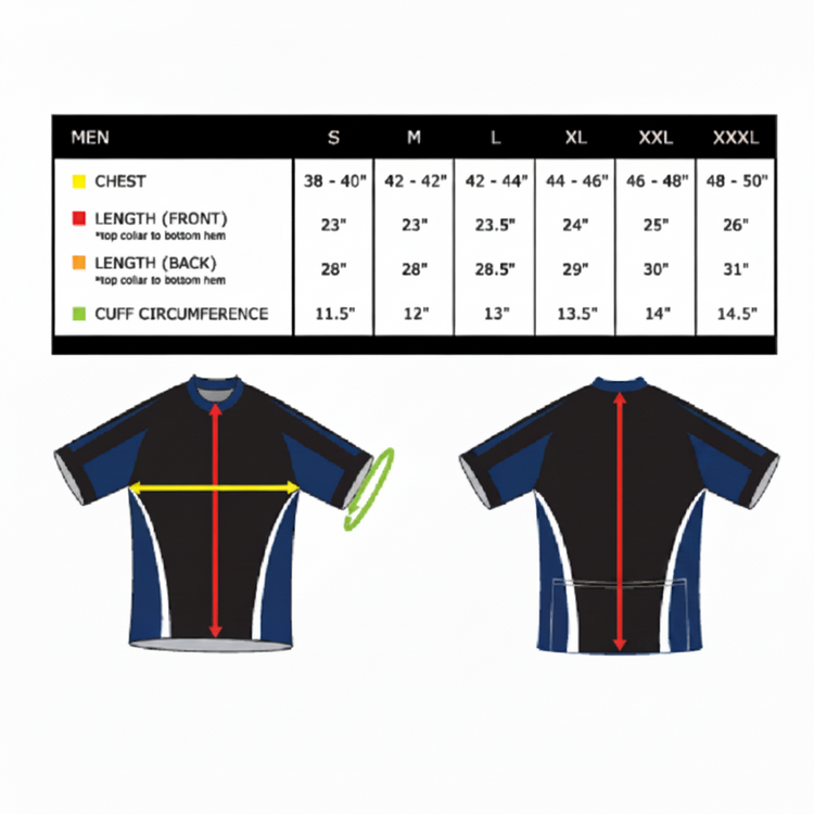 Cycling jersey with measurement chart for sizing on a white background