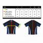 Cycling jersey with measurement chart for sizing on a white background