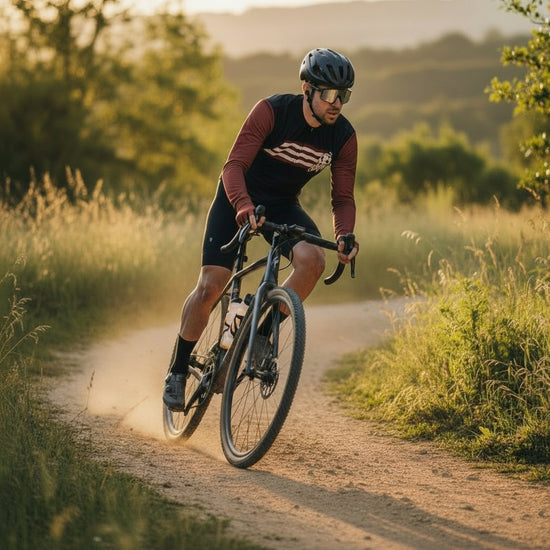 Black cycling jacket with brown sleeves and a graphic design on a gray background