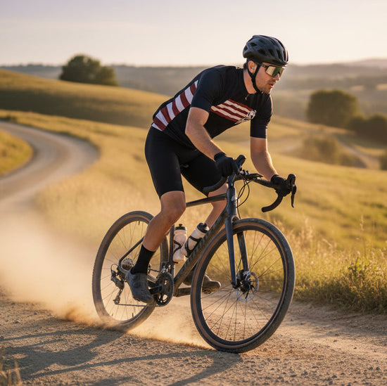 Black cycling jersey with red and white striped sleeves and a graphic of a cyclist on a bike.