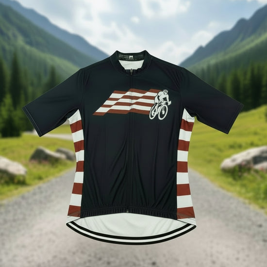Cycling jersey with American flag design and cyclist graphic on a white background