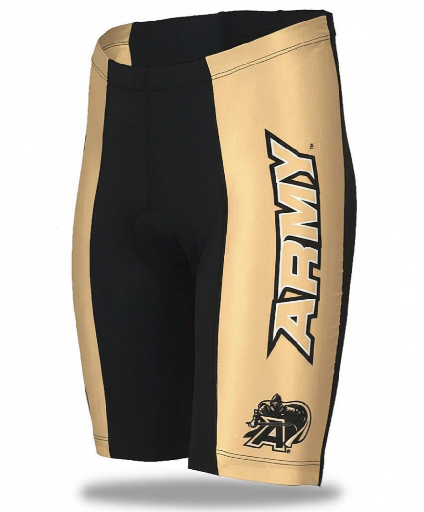 Black and gold athletic shorts with &