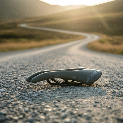 Gray bicycle saddle with Selle SMP logo on a white background