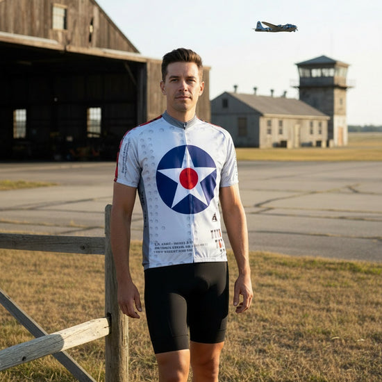 Cycling jersey with star emblem on a white background
