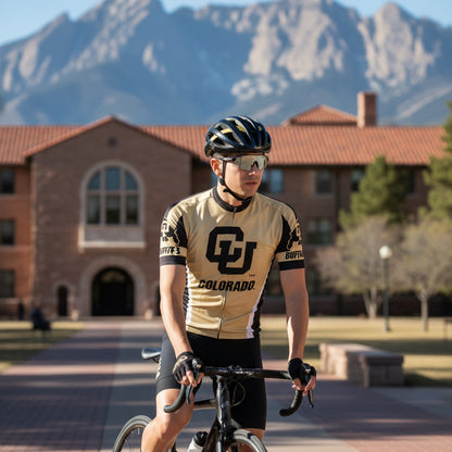 Beige and black cycling jersey with Colorado Buffaloes logo