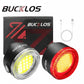Two bicycle lights with a USB cable and packaging displaying the BUCKLOS brand.