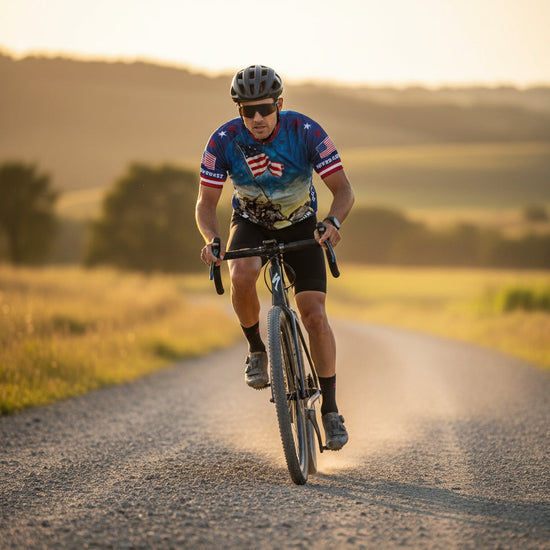 Cycling jersey with American flag and historical scene design on a white background