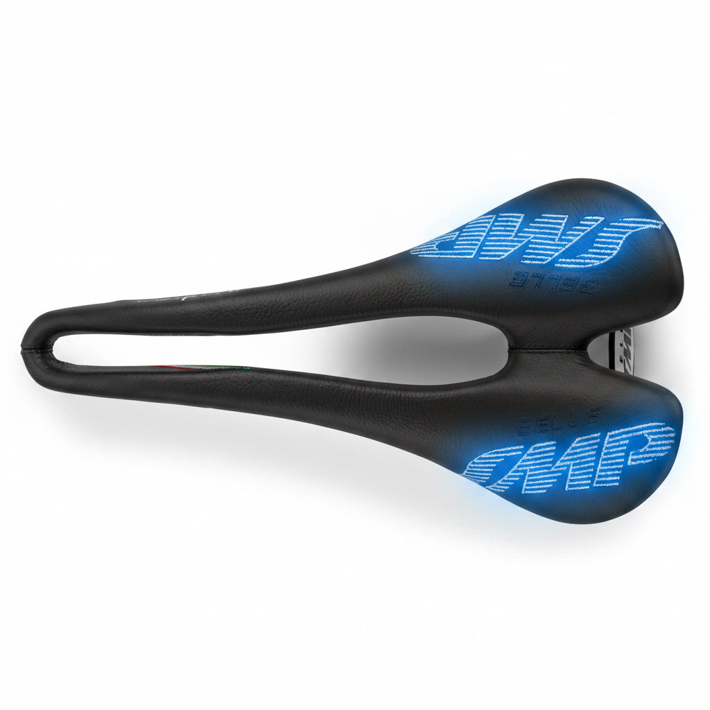 Black bicycle saddle with brand logo on a white background