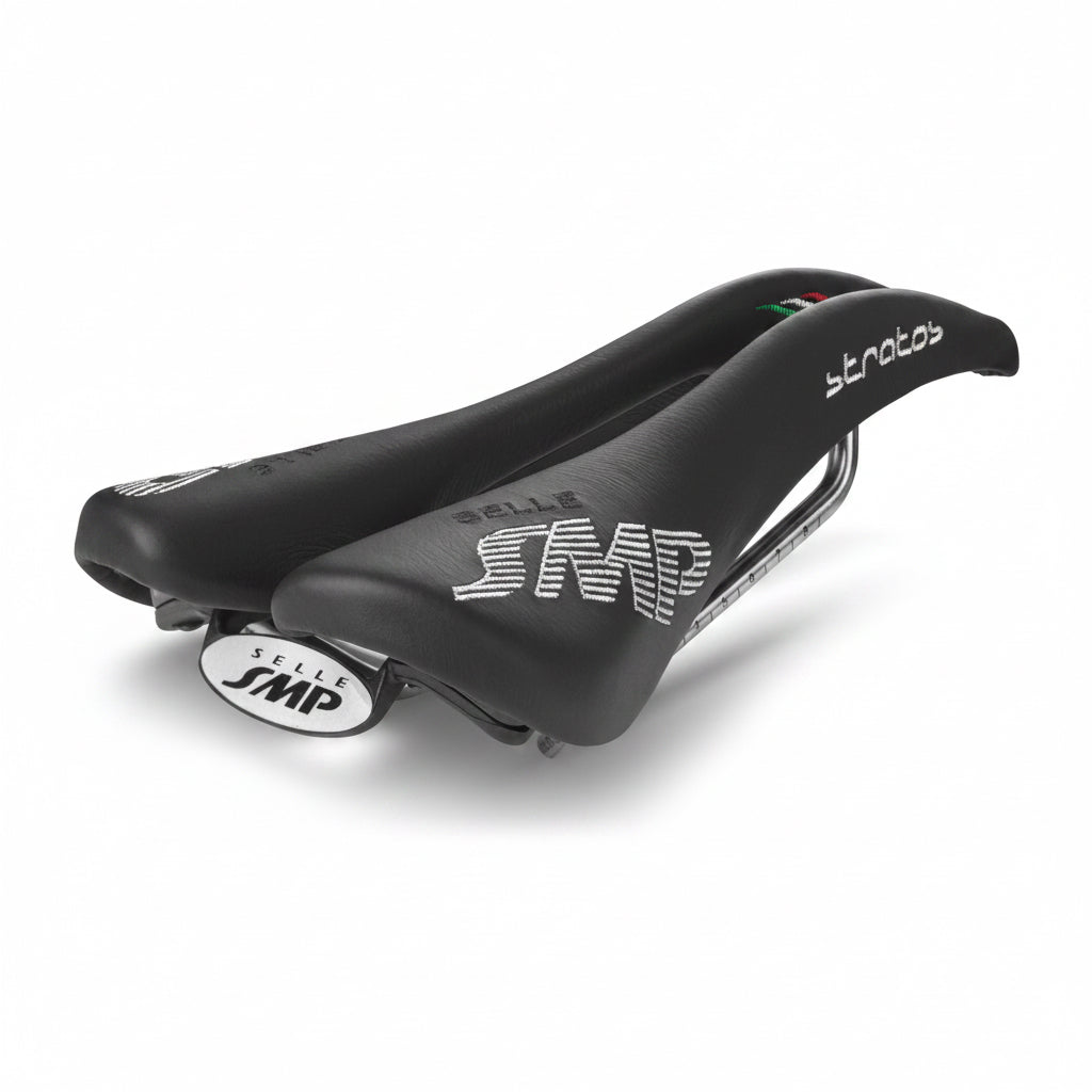 Black bicycle saddle with Selle SMP branding on a white background