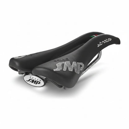 Black bicycle saddle with Selle SMP branding on a white background