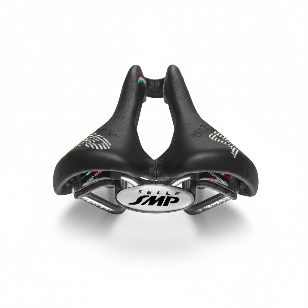 Black bicycle saddle with Selle SMP branding on a white background