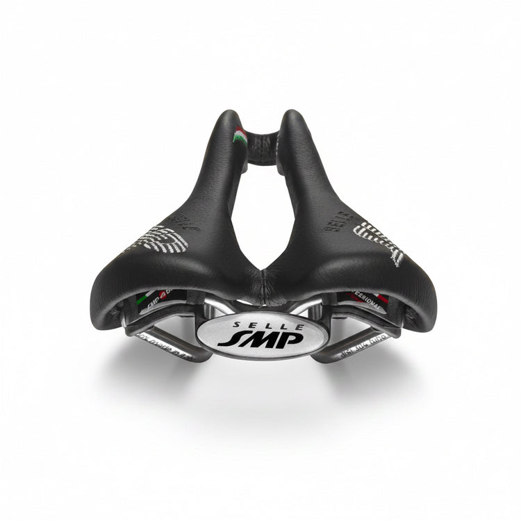 Black bicycle saddle with Selle SMP branding on a white background