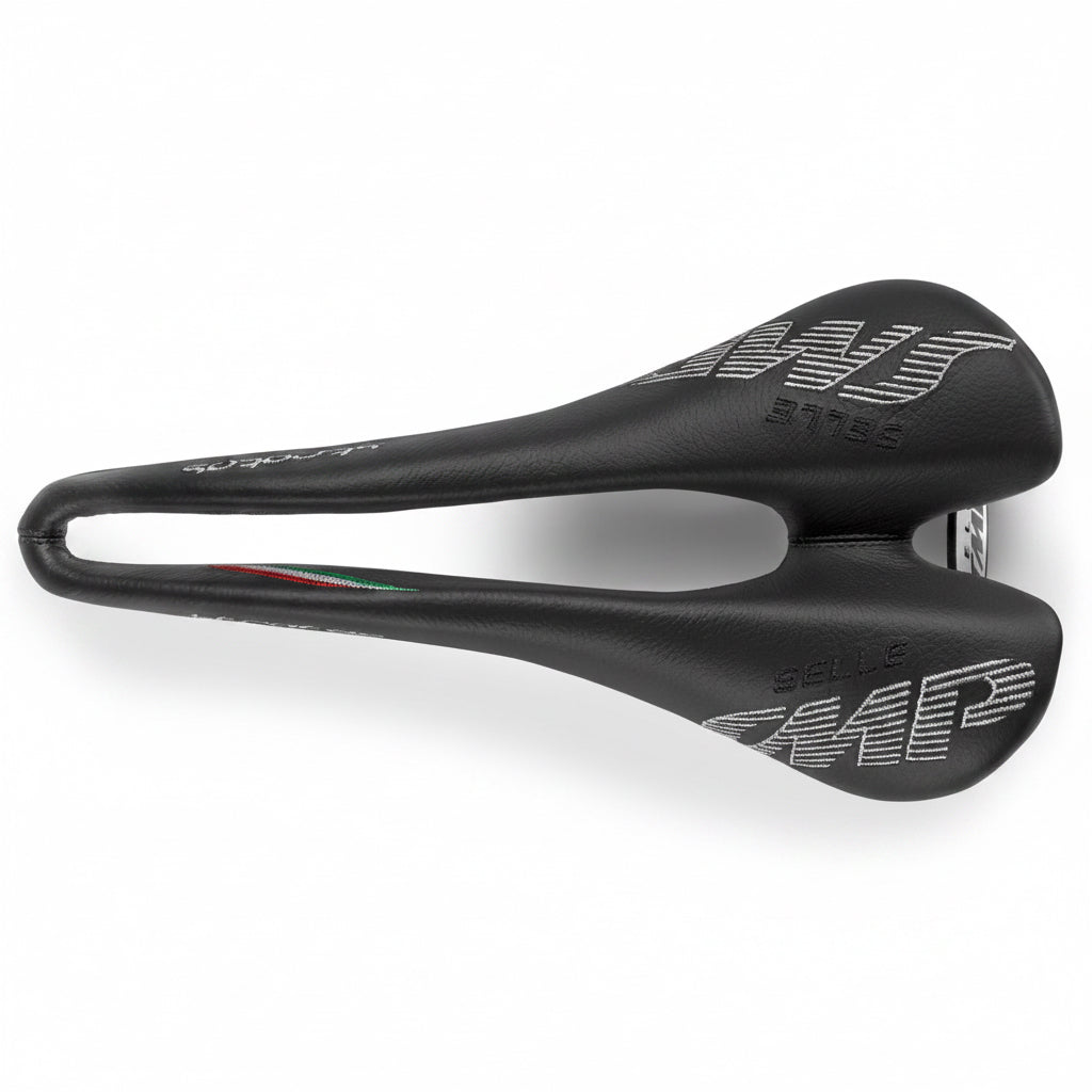 Black bicycle saddle with brand logo on a white background