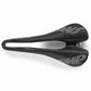 Black bicycle saddle with brand logo on a white background