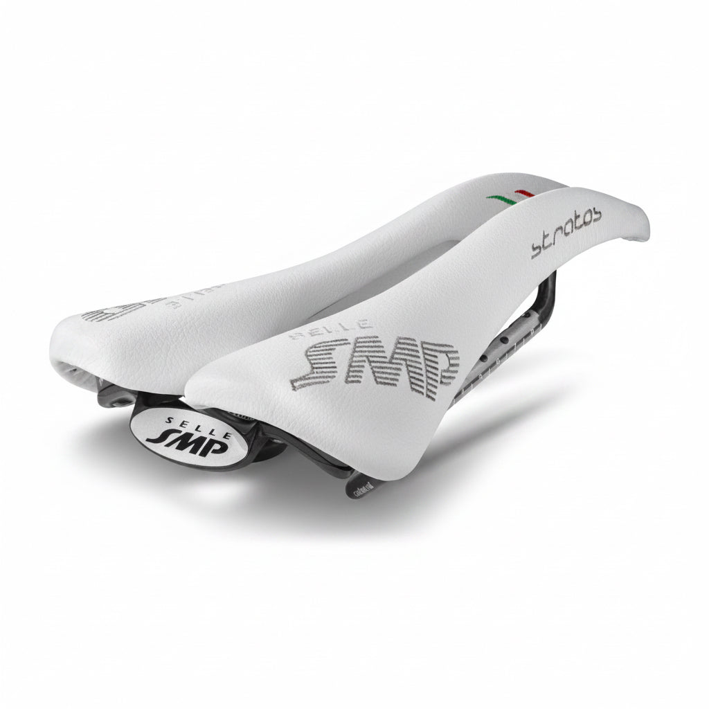 White bicycle saddle with branding on a white background