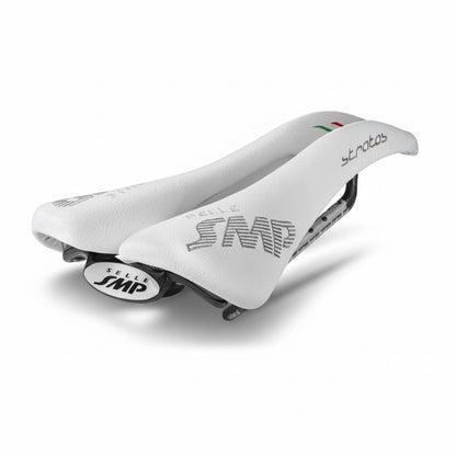 White bicycle saddle with branding on a white background