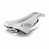 White bicycle saddle with branding on a white background