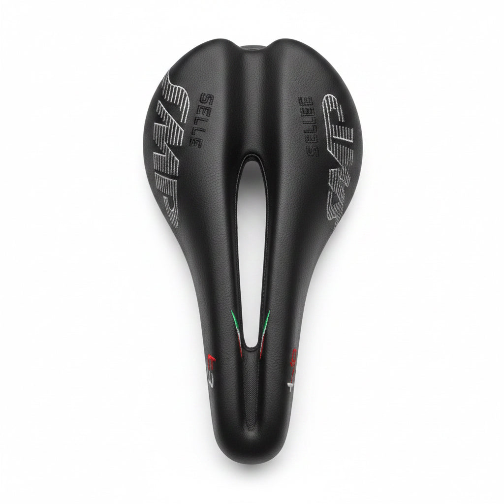 Black bicycle saddle with branding on a white background