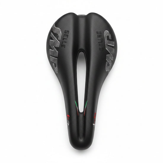 Black bicycle saddle with branding on a white background