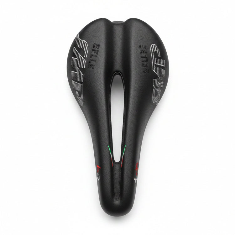 Black bicycle saddle with branding on a white background
