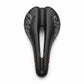 Black bicycle saddle with branding on a white background