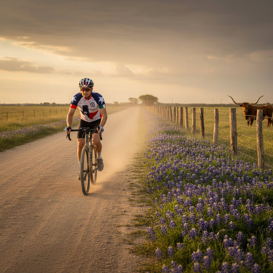 Cycling jersey with Texas flag design on a white background