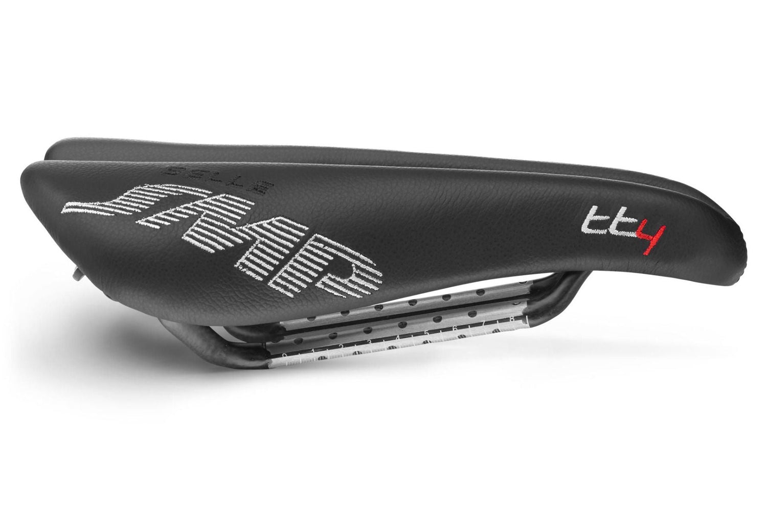 Black bicycle saddle with branding on a white background