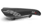 Black bicycle saddle with branding on a white background